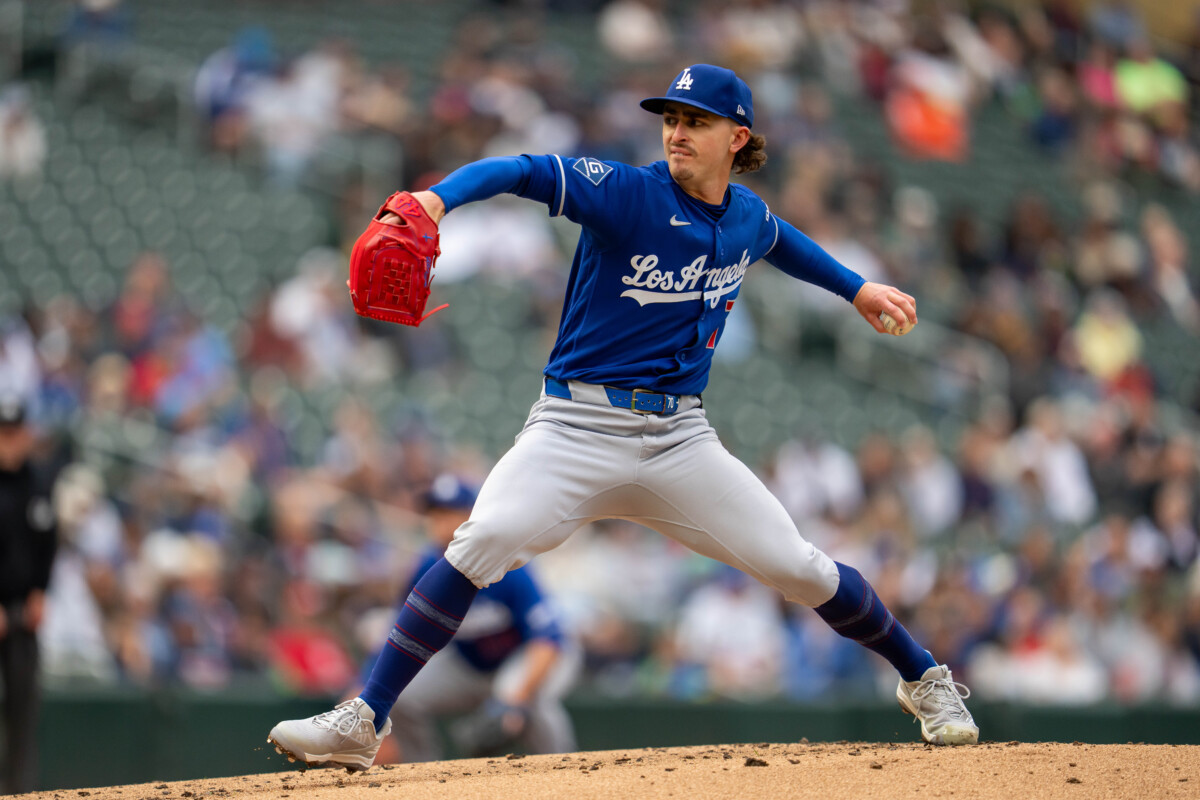 Jun 23, 2026; Minneapolis, Minnesota, USA; Los Angeles Dodgers starting pitcher Justin Wrobleski (70) delivers a pitch against the Minnesota Twins in the first inning at Target Field. Mandatory Credit: Jesse Johnson-Imagn Images