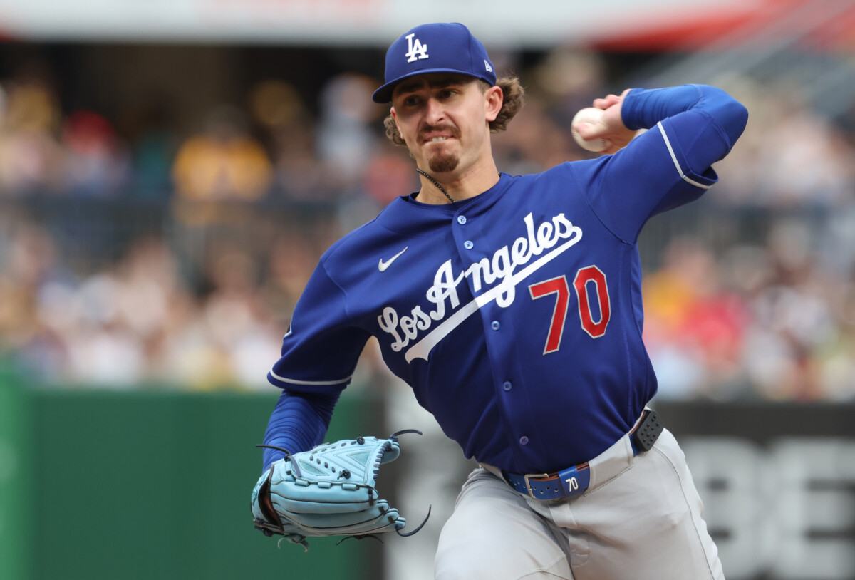 Jun 11, 2026; Pittsburgh, Pennsylvania, USA; Los Angeles Dodgers starting pitcher Justin Wrobleski (70) delivers a pitch against the Pittsburgh Pirates during the first inning at PNC Park. Mandatory Credit: Charles LeClaire-Imagn Images