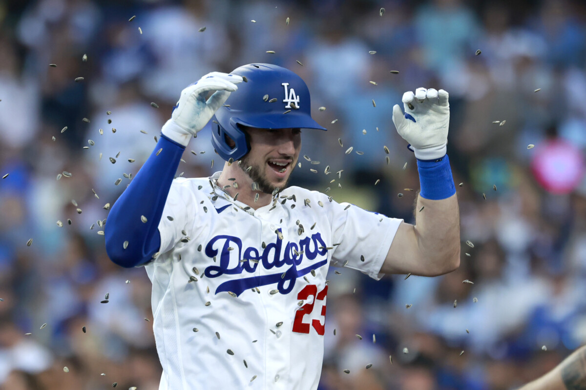 Jun 15, 2026; Los Angeles, California, USA; Los Angeles Dodgers right fielder Kyle Tucker (23) is showered with sunflower seeds after hitting a three-run home run in the second inning against the Tampa Bay Rays at Dodger Stadium. Mandatory Credit: William Navarro-Imagn Images