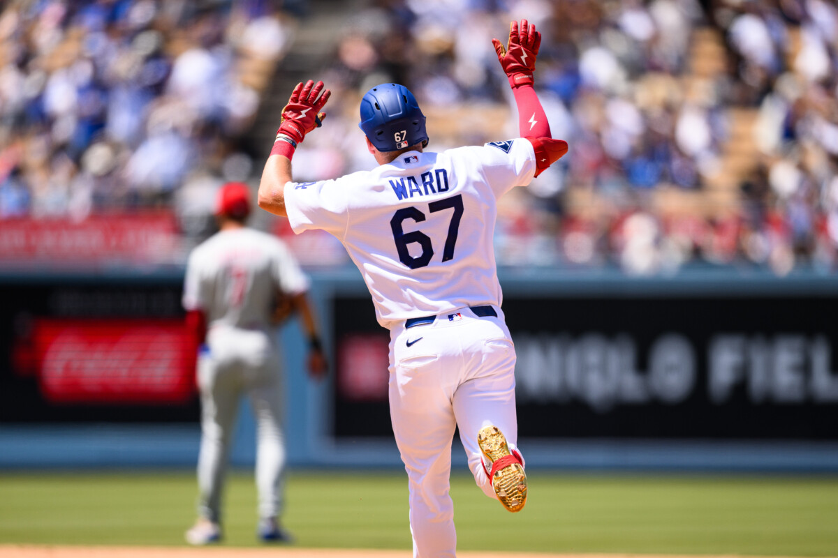 May 31, 2026; Los Angeles, California, USA; Los Angeles Dodgers left fielder Ryan Ward (67) gestures after hitting a home run during the fourth inning against the Philadelphia Phillies at Dodger Stadium. Mandatory Credit: William Liang-Imagn Images