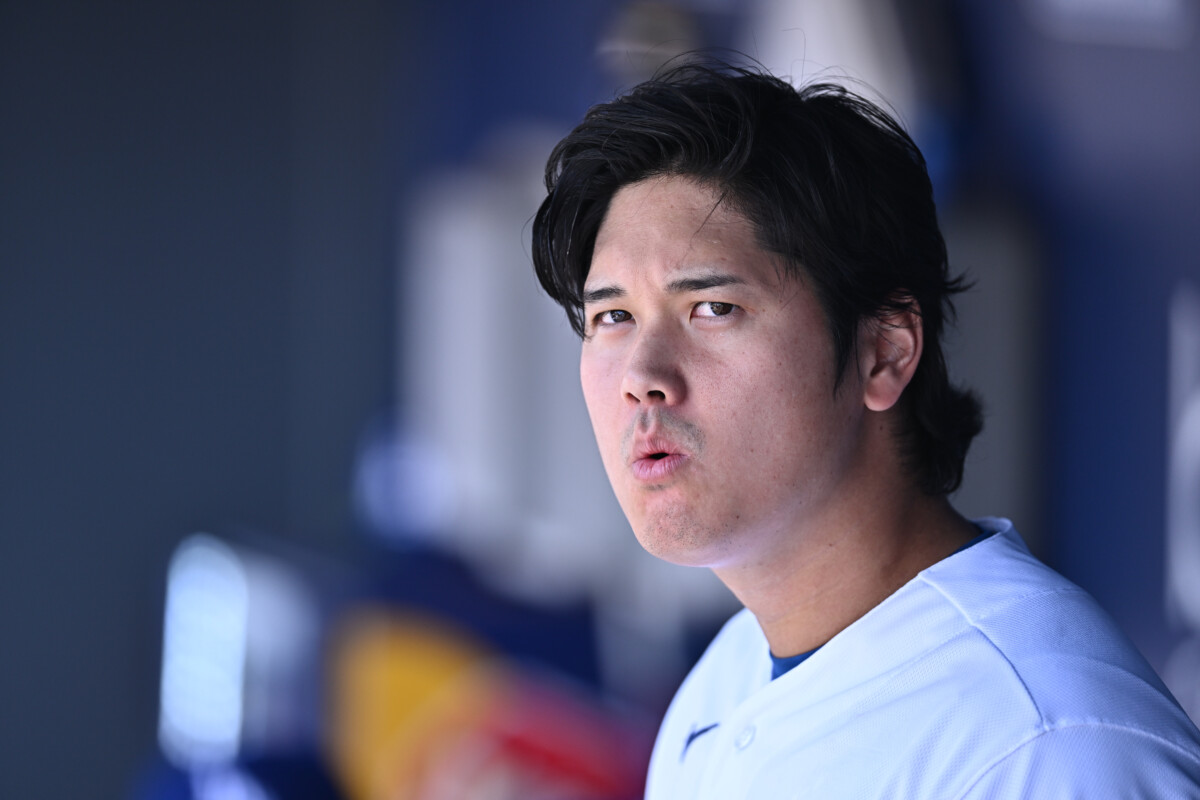 Jun 7, 2026; Los Angeles, California, USA; Los Angeles Dodgers two-way player Shohei Ohtani (17) in the dugout during the second inning of a game against the Los Angeles Angels at Dodger Stadium. Mandatory Credit: William Liang-Imagn Images