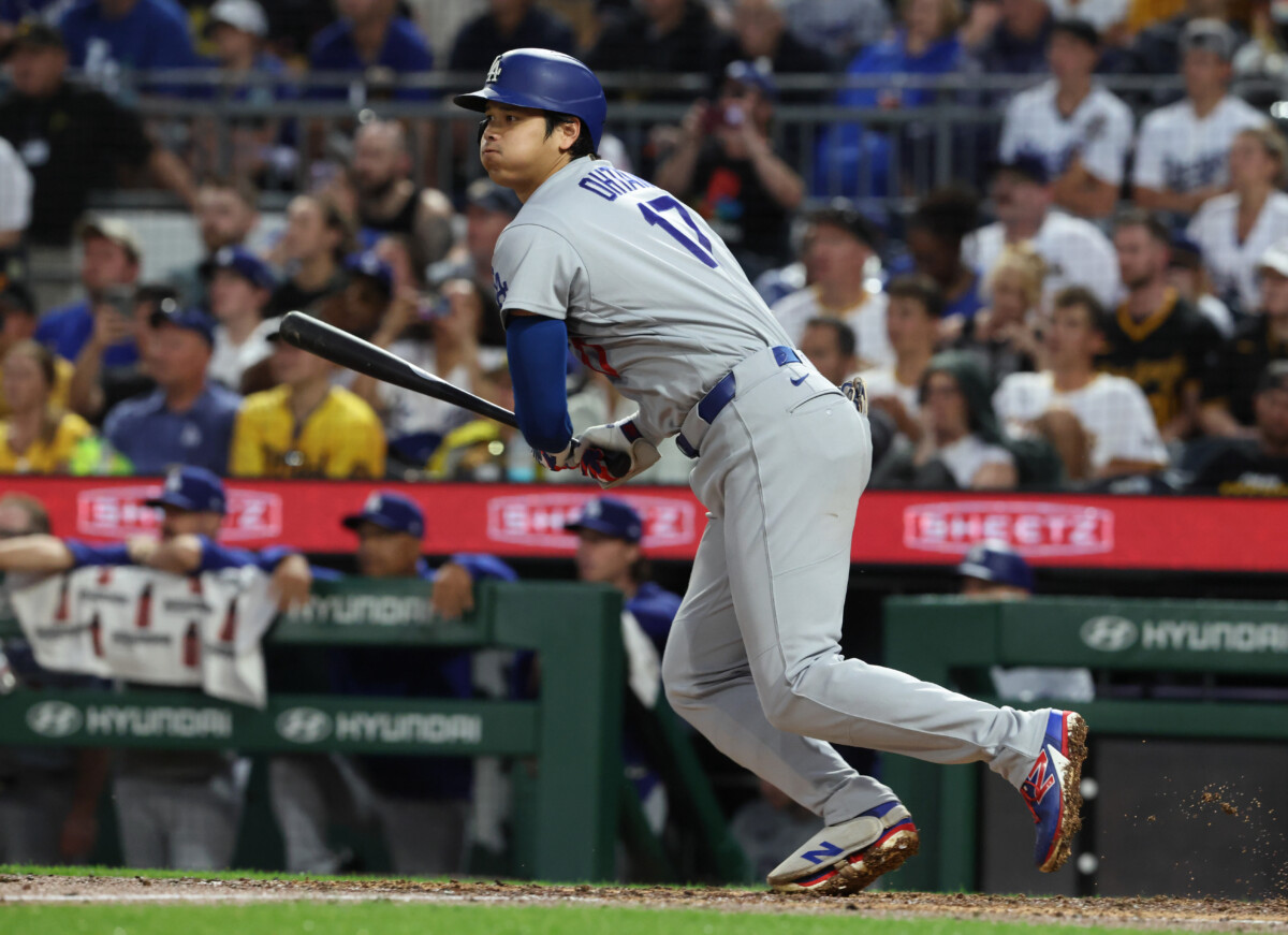 Jun 9, 2026; Pittsburgh, Pennsylvania, USA; Los Angeles Dodgers designated hitter Shohei Ohtani (17) hits an RBI double against the Pittsburgh Pirates during the seventh inning at PNC Park. Mandatory Credit: Charles LeClaire-Imagn Images