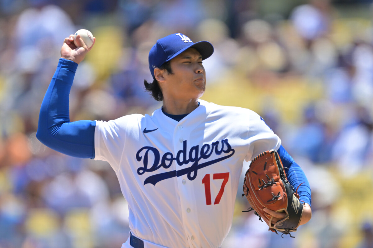 Jun 17, 2026; Los Angeles, California, USA; Los Angeles Dodgers starting pitcher Shohei Ohtani (17) throws a pitch during the first inning against the Tampa Bay Rays at Dodger Stadium. Mandatory Credit: Jayne Kamin-Oncea-Imagn Images