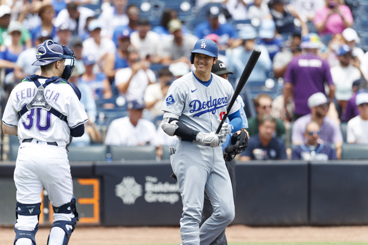 Aug 2, 2025; St. Petersburg, Florida, USA; Los Angeles Dodgers designated hitter Shohei Ohtani (17) takes the plate against the Tampa Bay Rays during the first inning at George M. Steinbrenner Field. Mandatory Credit: Morgan Tencza-Imagn Images