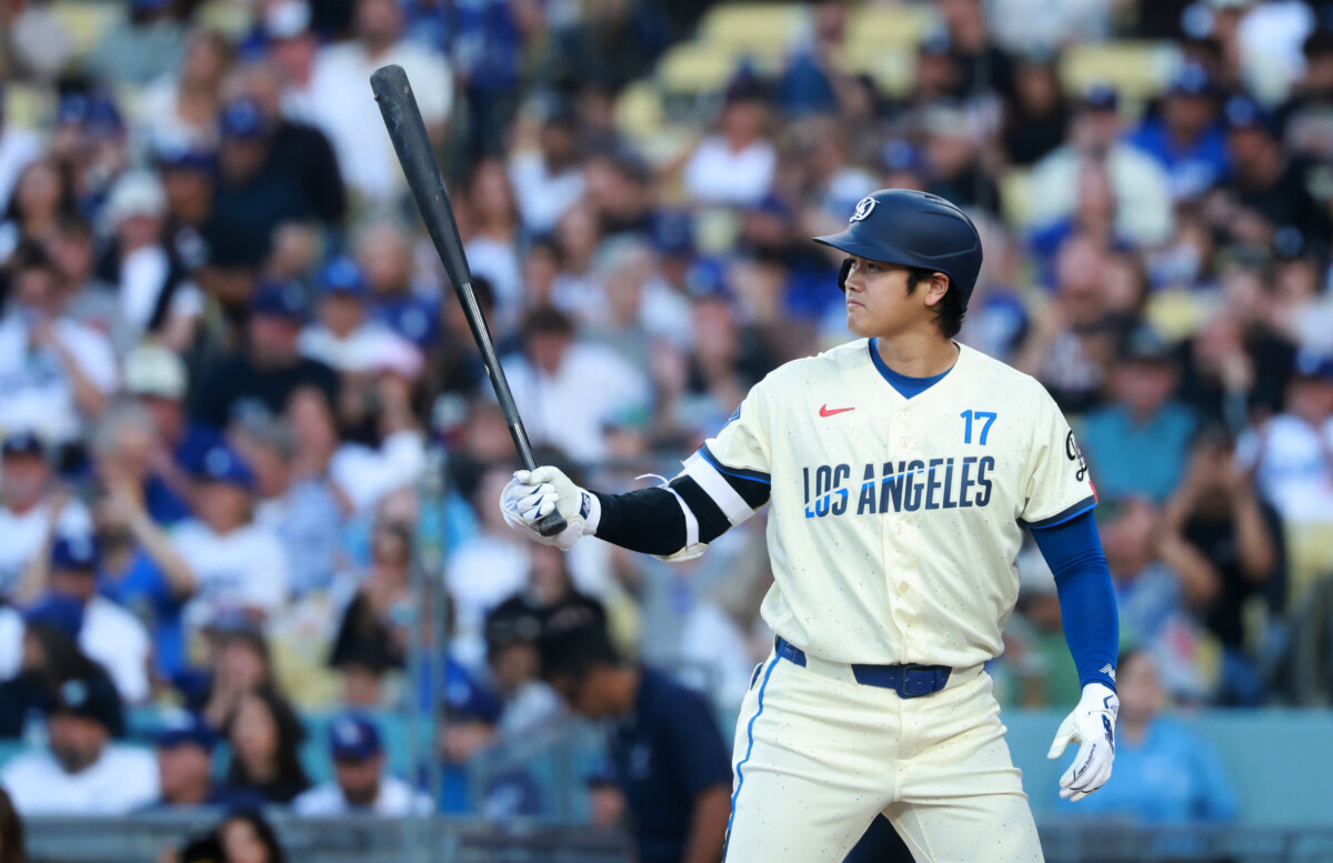 Jun 20, 2026; Los Angeles, California, USA; Los Angeles Dodgers designated hitter Shohei Ohtani (17) bats during the first inning against the Baltimore Orioles at Dodger Stadium. Mandatory Credit: William Navarro-Imagn Images