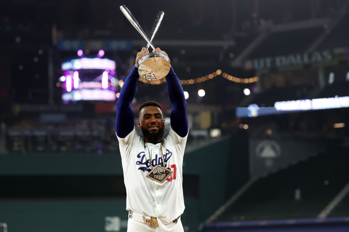 Jul 15, 2024; Arlington, TX, USA; National League outfielder Teoscar Hernandez of the Los Angeles Dodgers (37) poses with the trophy after winning the 2024 Home Run Derby at Globe Life Field. Mandatory Credit: Kevin Jairaj-USA TODAY Sports
