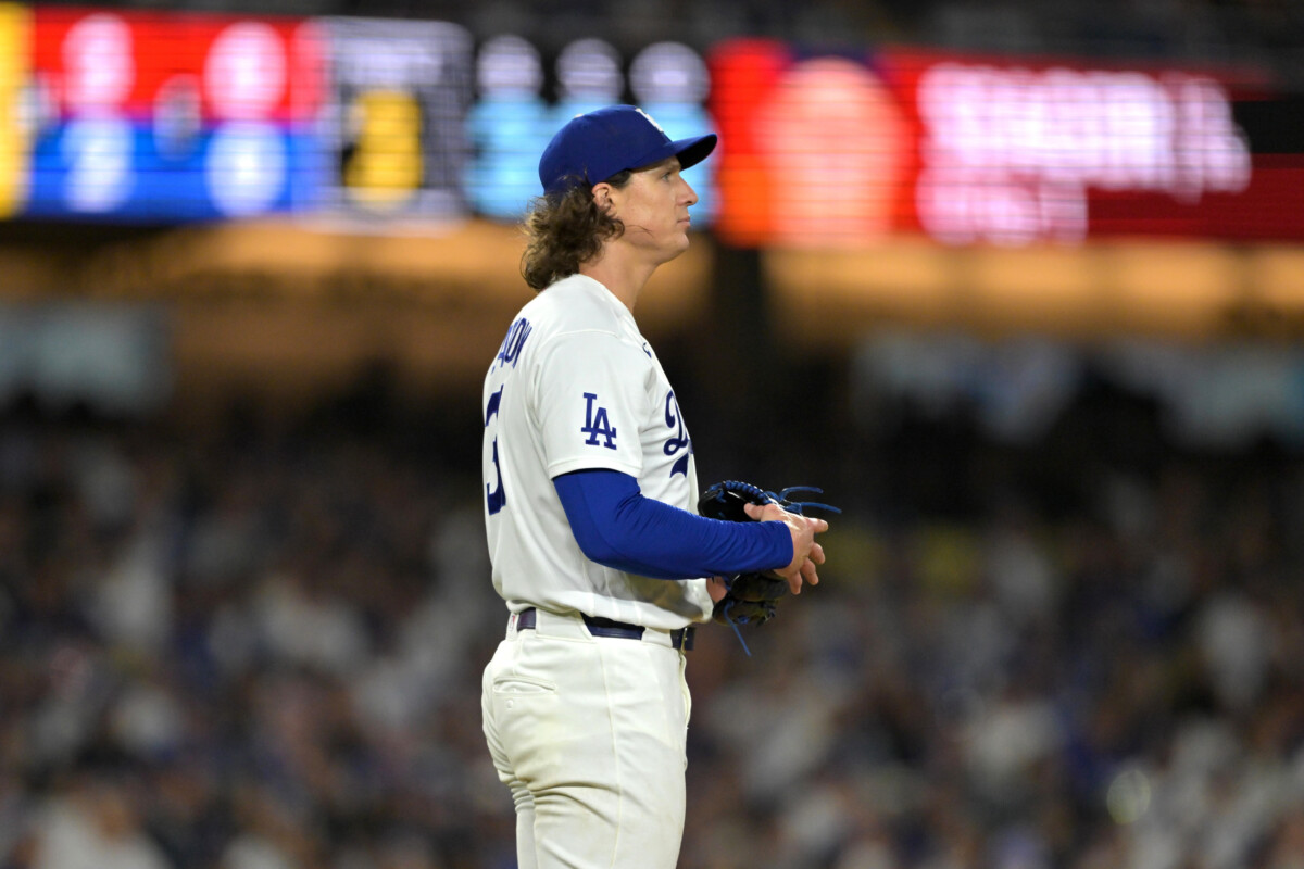 Apr 10, 2026; Los Angeles, California, USA; Los Angeles Dodgers pitcher Tyler Glasnow (31) reacts after giving up a three-run home run to the Texas Rangers during the third inning at Dodger Stadium. Mandatory Credit: Jayne Kamin-Oncea-Imagn Images