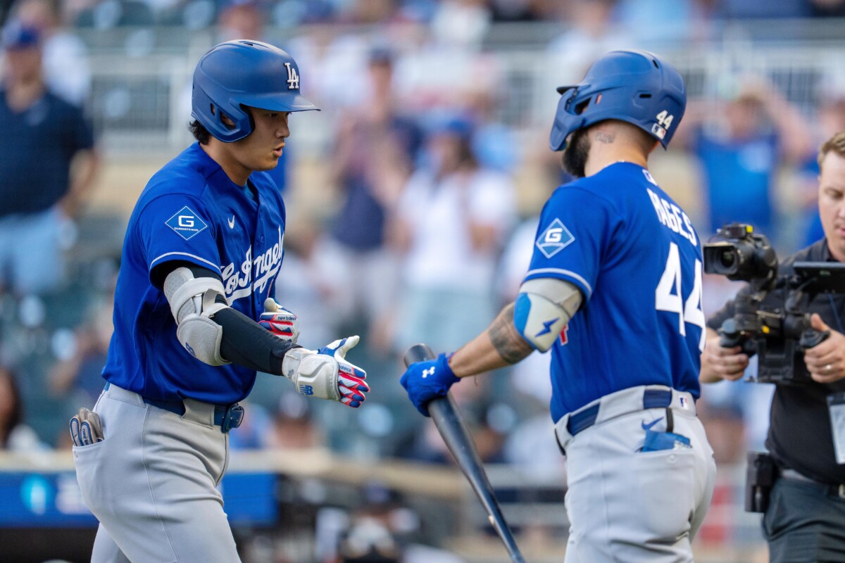 Jun 22, 2026; Minneapolis, Minnesota, USA; Los Angeles Dodgers designated hitter Shohei Ohtani (17) celebrates with center fielder Andy Pages (44) after hitting a solo home run against the Minnesota Twins in the first inning at Target Field. Mandatory Credit: Jesse Johnson-Imagn Images