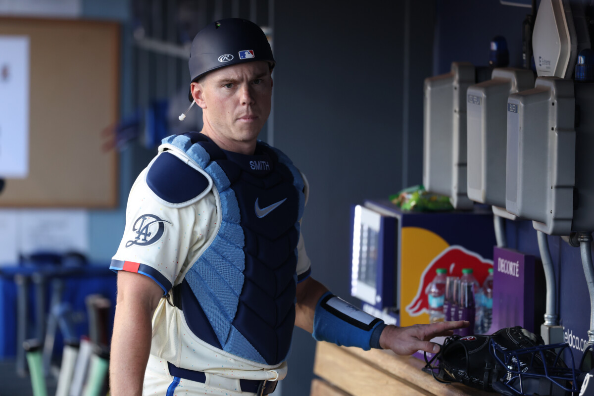 May 9, 2026; Los Angeles, California, USA; Los Angeles Dodgers catcher Will Smith (16) in the dugout prior to game against the Atlanta Braves at Dodger Stadium. Mandatory Credit: Kiyoshi Mio-Imagn Images