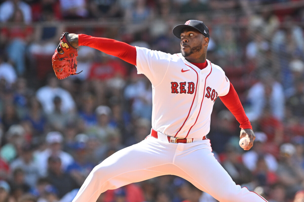 Jun 18, 2026; Boston, Massachusetts, USA; Boston Red Sox relief pitcher Aroldis Chapman (44) pitches against the Toronto Blue Jays  during the ninth inning at Fenway Park. Mandatory Credit: Eric Canha-Imagn Images