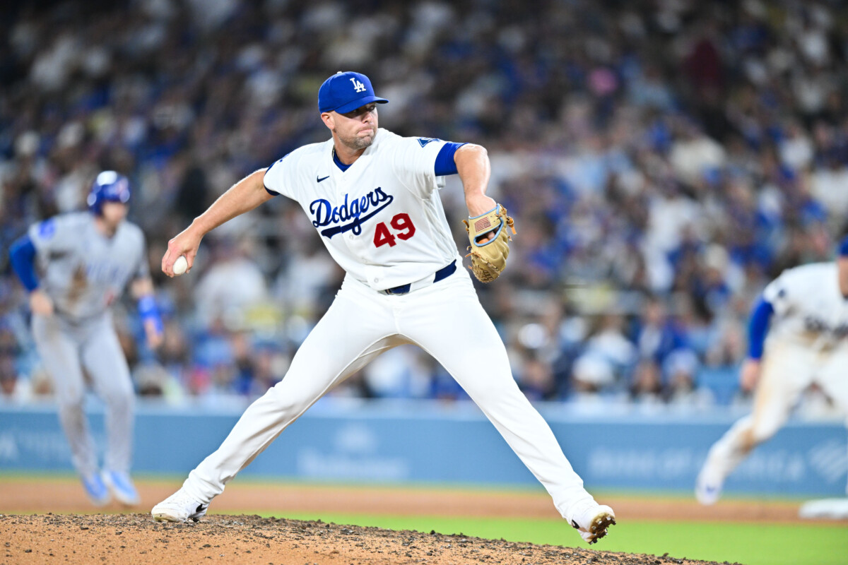 Apr 24, 2026; Los Angeles, California, USA; Los Angeles Dodgers pitcher Blake Treinen (49) pitches during the eighth inning against the Chicago Cubs at Dodger Stadium. Mandatory Credit: William Liang-Imagn Images