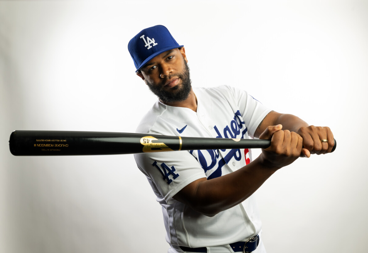Feb 19, 2026; Glendale, AZ, USA; Los Angeles Dodgers catcher Chuckie Robinson poses for a portrait during photo day at Camelback Ranch. Mandatory Credit: Mark J. Rebilas-Imagn Images