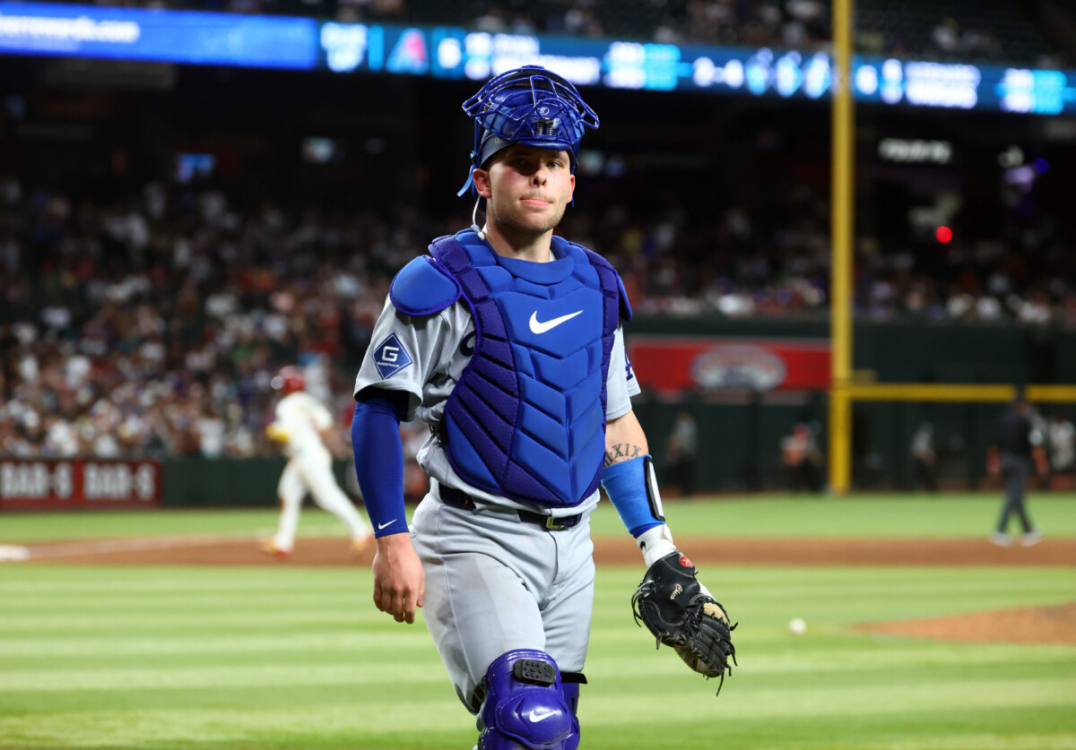 Jun 2, 2026; Phoenix, Arizona, USA; Los Angeles Dodgers catcher Dalton Rushing against the Arizona Diamondbacks at Chase Field. Mandatory Credit: Mark J. Rebilas-Imagn Images