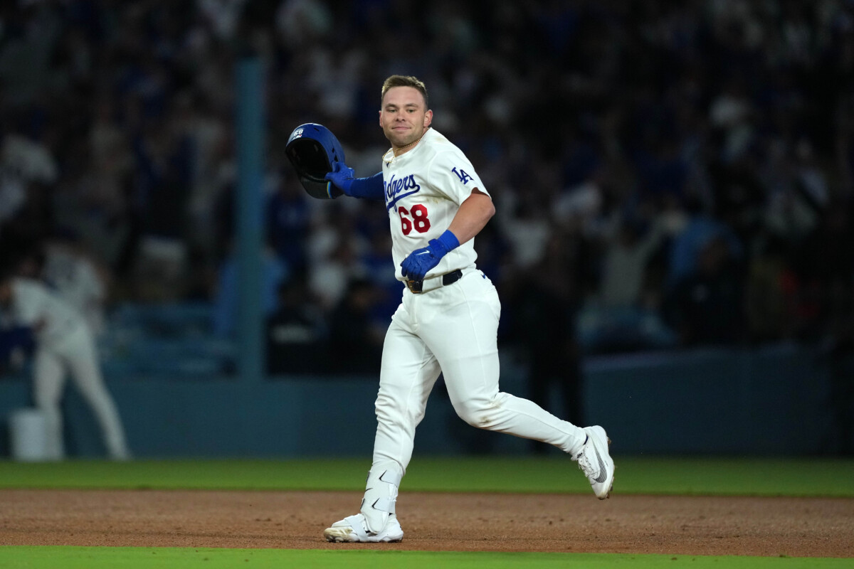 Jun 19, 2026; Los Angeles, California, USA; Los Angeles Dodgers catcher Dalton Rushing (68) celebrates after hitting a walk-off single against the Baltimore Orioles at Dodger Stadium. Mandatory Credit: Kirby Lee-Imagn Images