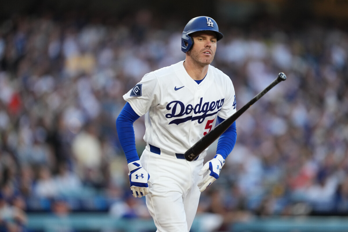 Jun 19, 2026; Los Angeles, California, USA; Los Angeles Dodgers first baseman Freddie Freeman (5) reacts after flying out during the first inning against the Baltimore Orioles at Dodger Stadium. Mandatory Credit: Kirby Lee-Imagn Images