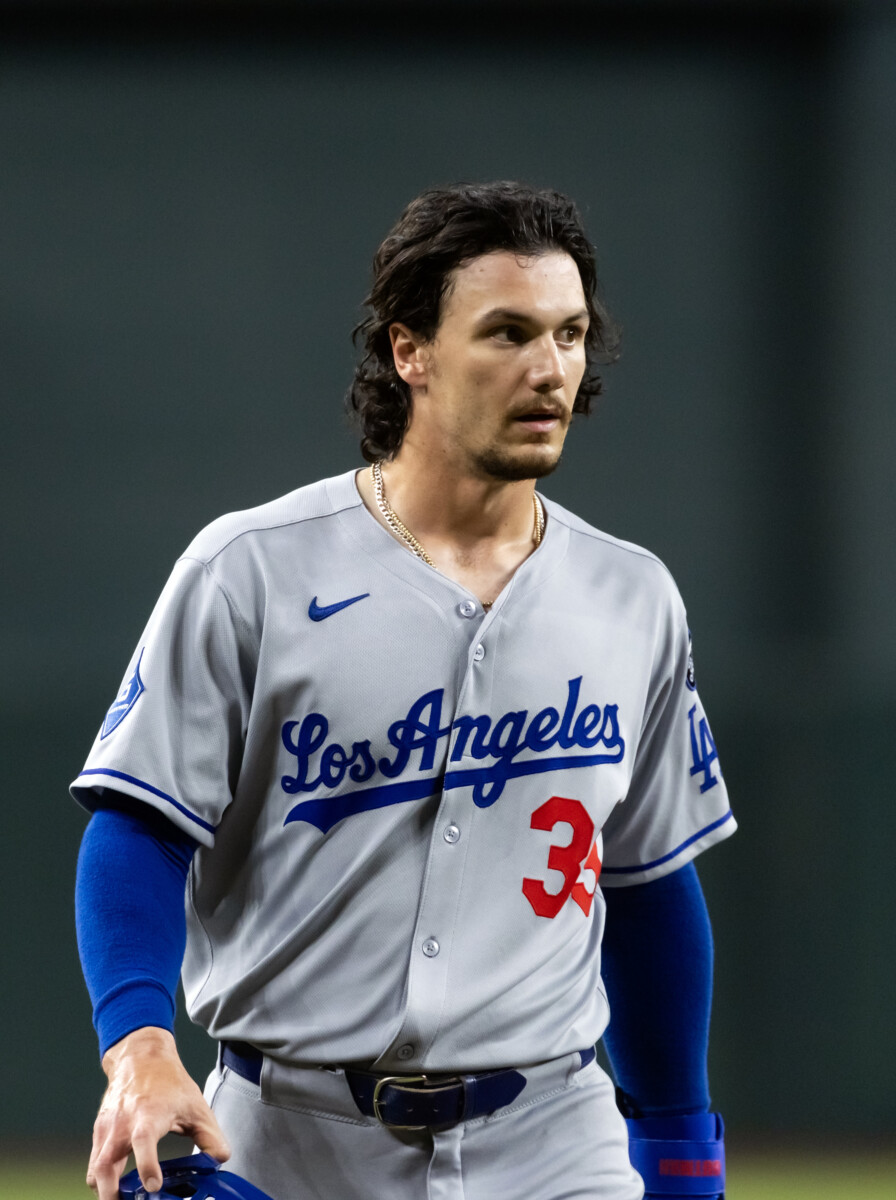 May 9, 2025; Phoenix, Arizona, USA; Los Angeles Dodgers outfielder James Outman against the Arizona Diamondbacks at Chase Field. Mandatory Credit: Mark J. Rebilas-Imagn Images