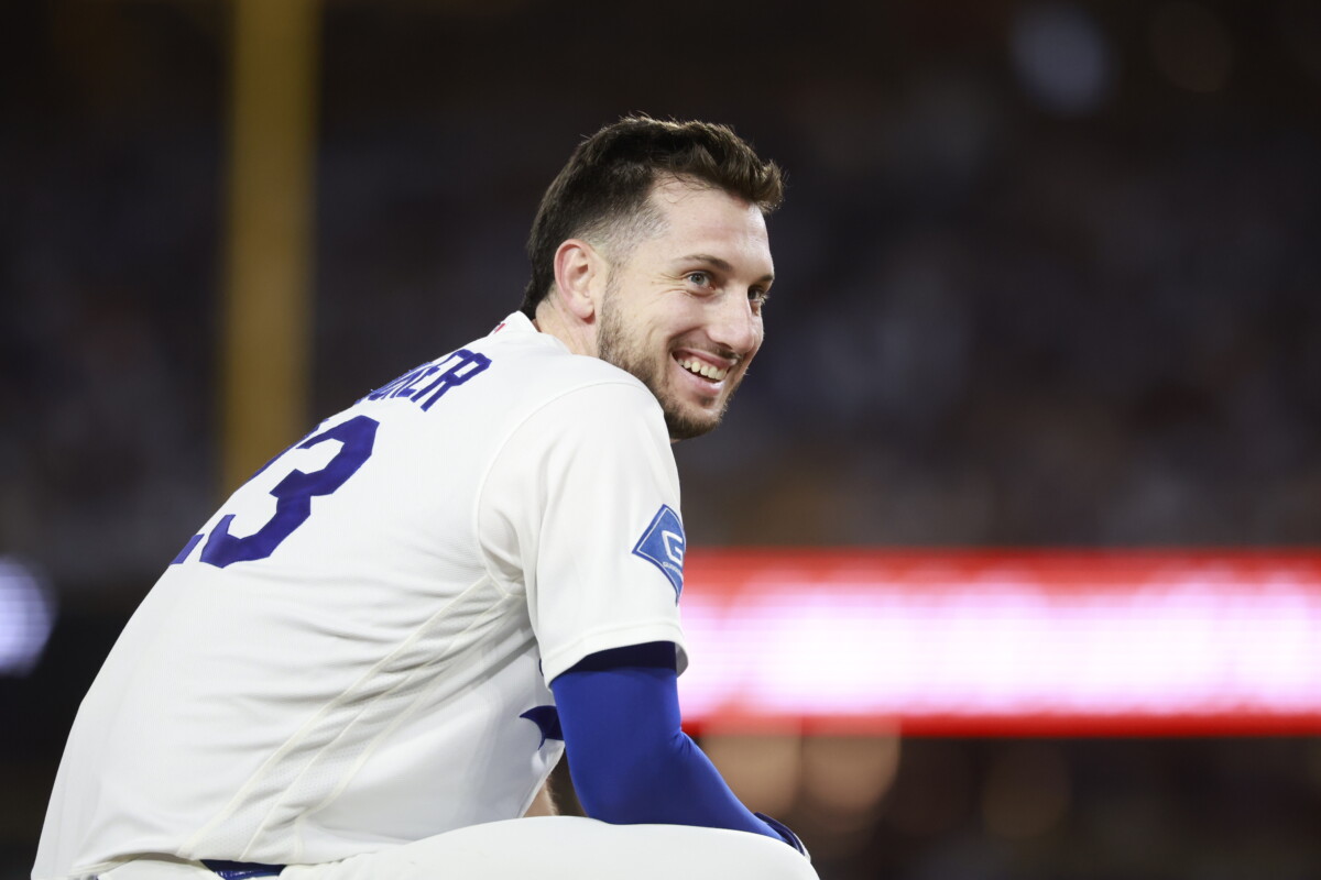 Jun 15, 2026; Los Angeles, California, USA; Los Angeles Dodgers right fielder Kyle Tucker (23) reacts on third base after a double by left fielder Ryan Ward (not shown) in the fourth inning against the Tampa Bay Rays at Dodger Stadium. Mandatory Credit: William Navarro-Imagn Images