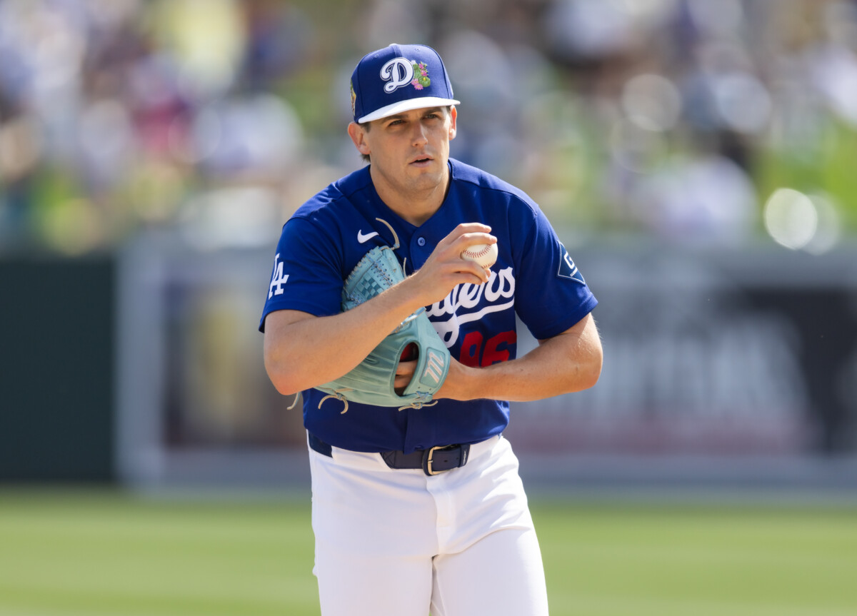 Feb 23, 2026; Phoenix, Arizona, USA; Los Angeles Dodgers pitcher Landon Knack against the Seattle Mariners during a spring training game at Camelback Ranch-Glendale. Mandatory Credit: Mark J. Rebilas-Imagn Images