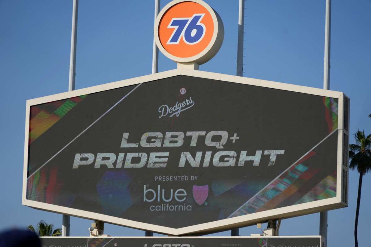 Jun 16, 2023; Los Angeles, California, USA; The video board at Dodger Stadium during LGBTQ+ Pride Night. Mandatory Credit: Kirby Lee-USA TODAY Sports