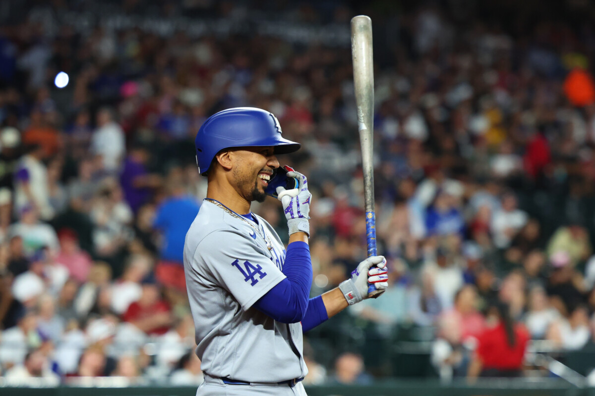 Jun 4, 2026; Phoenix, Arizona, USA; Los Angeles Dodgers shortstop Mookie Betts (50) reacts in the on-deck circle against the Arizona Diamondbacks in the third inning at Chase Field. Mandatory Credit: Anna Carrington-Imagn Images