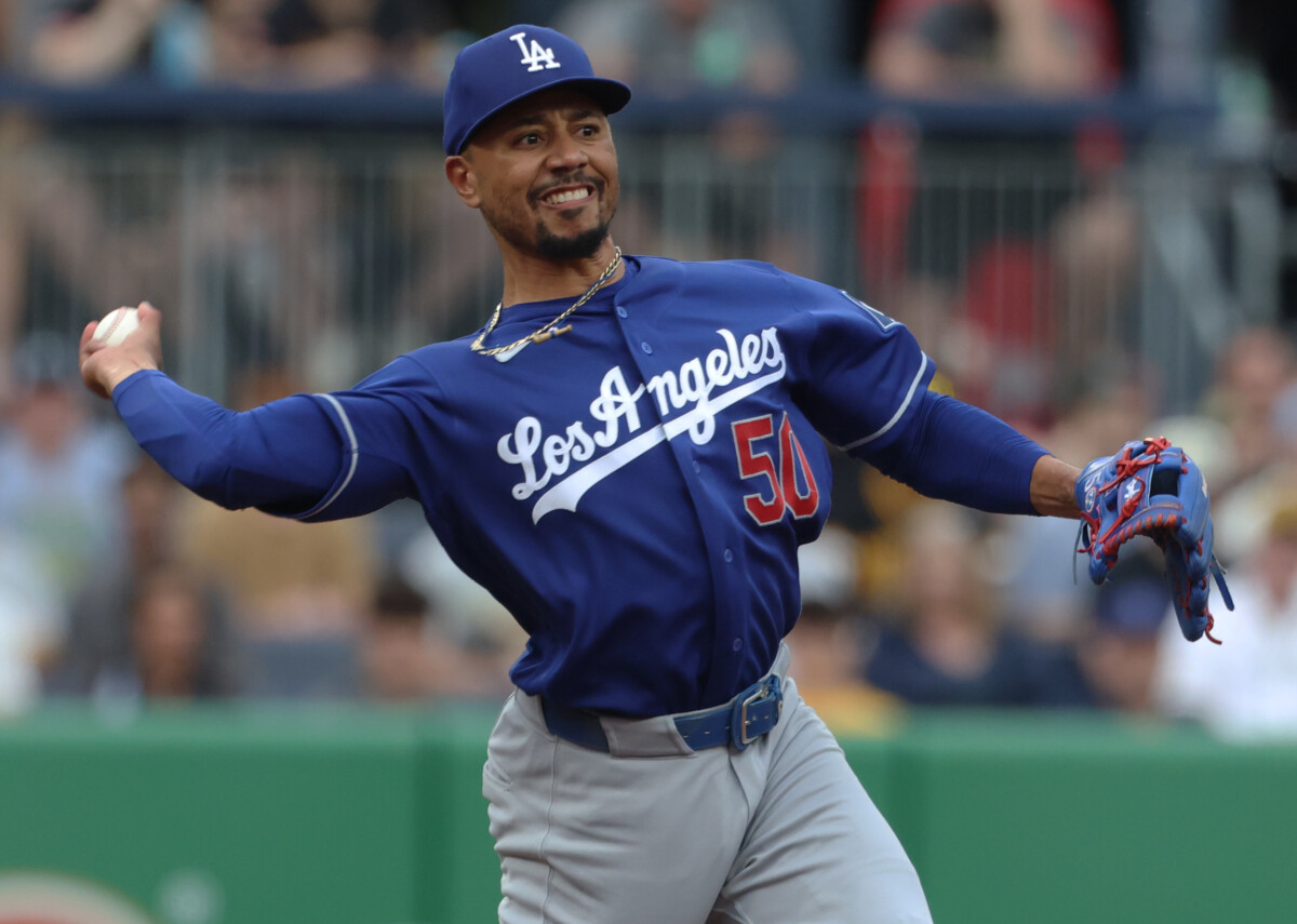 Jun 11, 2026; Pittsburgh, Pennsylvania, USA; Los Angeles Dodgers shortstop Mookie Betts (50) throws to first base for an out against Pittsburgh Pirates third baseman Nick Gonzales (not pictured) during the first inning at PNC Park. Mandatory Credit: Charles LeClaire-Imagn Images