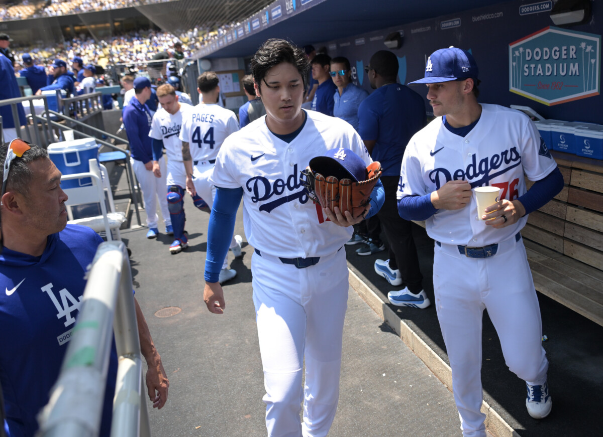 Jun 17, 2026; Los Angeles, California, USA; Los Angeles Dodgers starting pitcher Shohei Ohtani (17) walk in the dugout following the first inning against the Tampa Bay Rays at Dodger Stadium. Mandatory Credit: Jayne Kamin-Oncea-Imagn Images