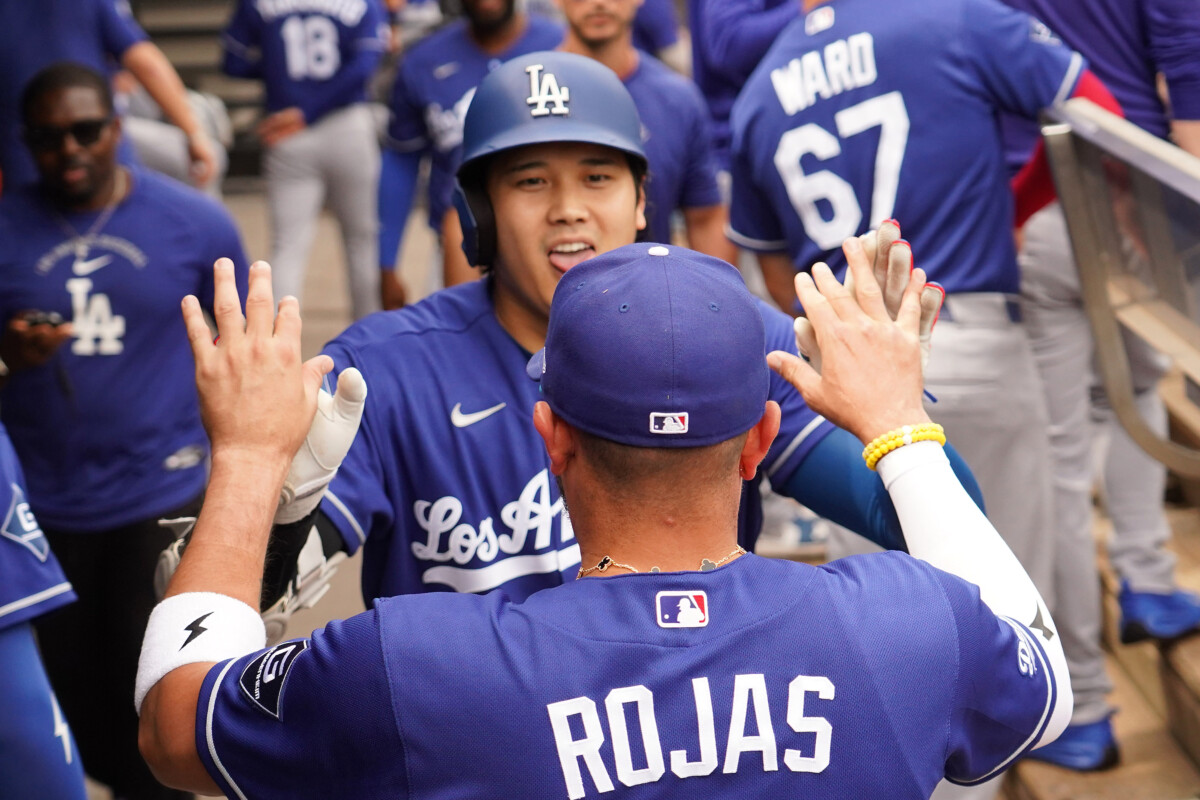 Jun 13, 2026; Chicago, Illinois, USA; Los Angeles Dodgers two-way player Shohei Ohtani (17) is greeted by shortstop Miguel Rojas (72) after hitting a home run against the Chicago White Sox during the first inning at Rate Field. Mandatory Credit: David Banks-Imagn Images