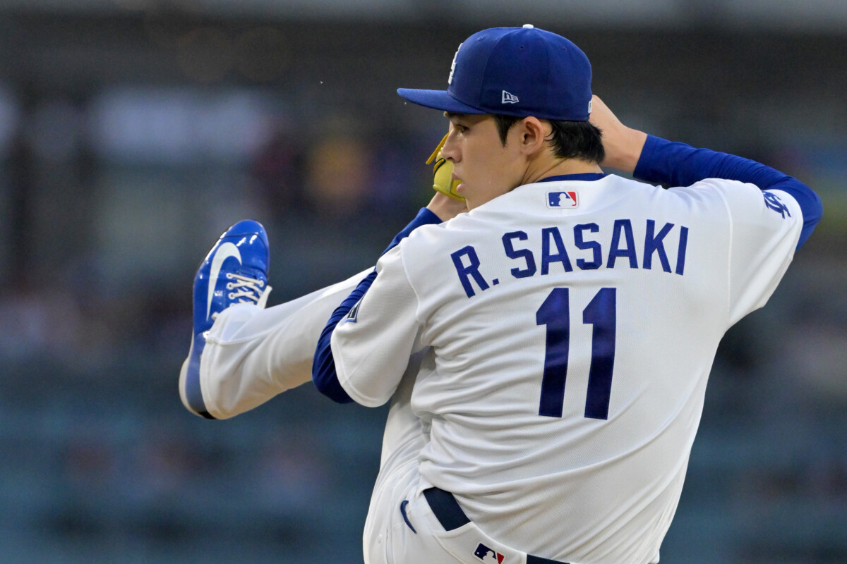 Jun 5, 2026; Los Angeles, California, USA;  Los Angeles Dodgers starting pitcher Roki Sasaki (11) delivers to the plate against the Los Angeles Angels at Dodger Stadium. Mandatory Credit: Jayne Kamin-Oncea-Imagn Images