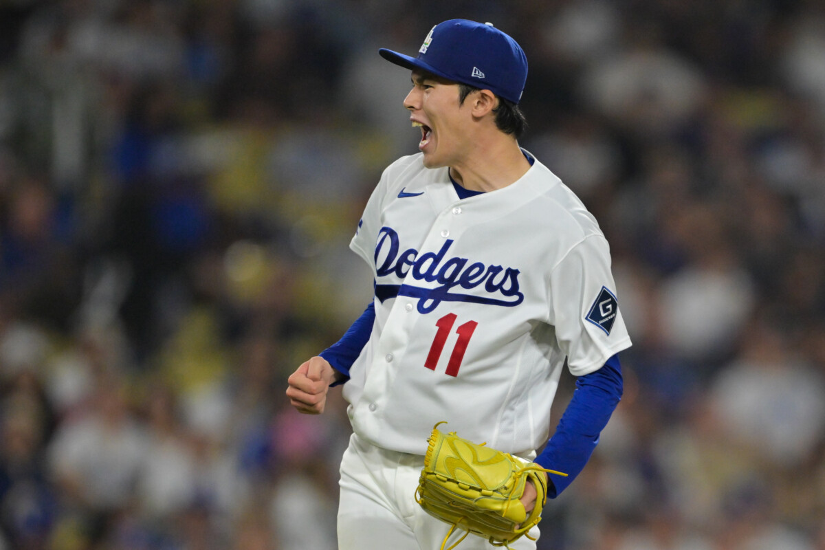 Jun 5, 2026; Los Angeles, California, USA; Los Angeles Dodgers pitcher Roki Sasaki (11) reacts after a strike out during the fifth inning against the Los Angeles Angels at Dodger Stadium. Mandatory Credit: Jayne Kamin-Oncea-Imagn Images