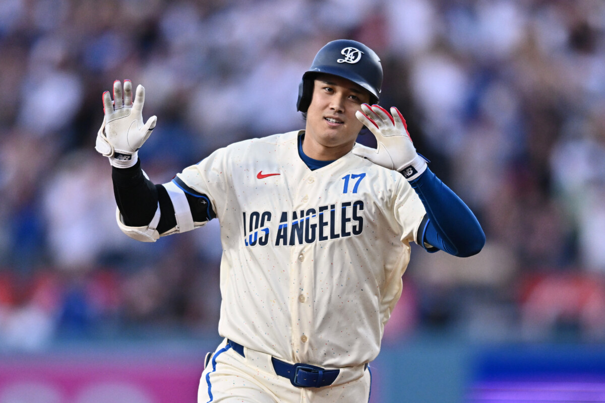 Jun 6, 2026; Los Angeles, California, USA; Los Angeles Dodgers designated hitter Shohei Ohtani (17) acknowledges the dugout after hitting a two run home run against the Los Angeles Angels during the first inning at Dodger Stadium. Mandatory Credit: William Liang-Imagn Images