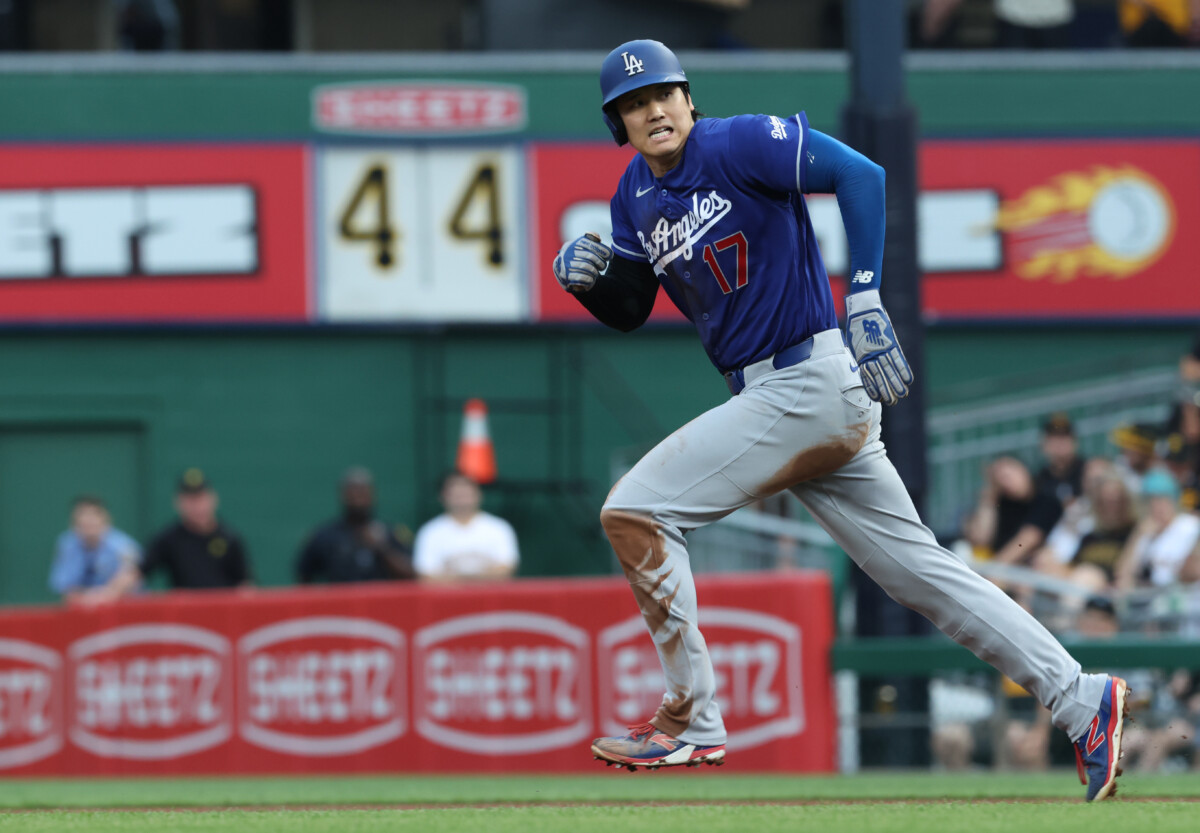 Jun 11, 2026; Pittsburgh, Pennsylvania, USA; Los Angeles Dodgers designated hitter Shohei Ohtani (17) runs on a hit and run against the Pittsburgh Pirates during the fourth inning at PNC Park. Mandatory Credit: Charles LeClaire-Imagn Images