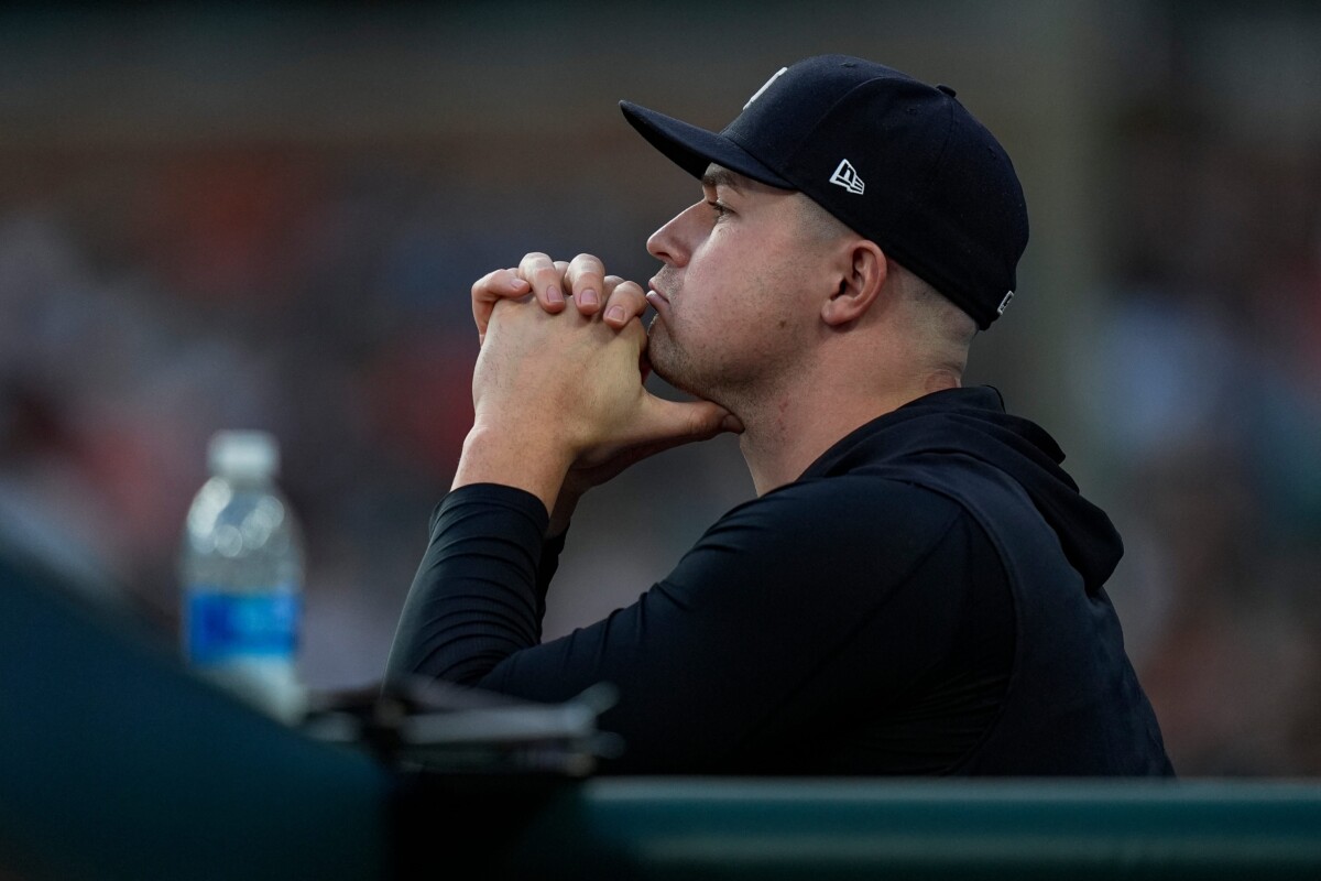 Detroit Tigers pitcher Tarik Skubal watches a play during the seventh inning between Detroit Tigers and Los Angeles Angels at Comerica Park in Detroit on Wednesday, May 27, 2026.