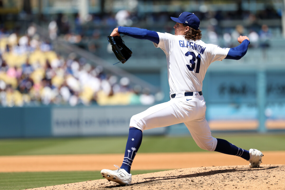Apr 29, 2026; Los Angeles, California, USA; Los Angeles Dodgers pitcher Tyler Glasnow (31) pitches during the fifth inning against the Miami Marlins at Dodger Stadium. Mandatory Credit: Kiyoshi Mio-Imagn Images