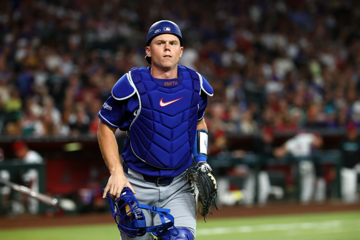 Jun 1, 2026; Phoenix, Arizona, USA; Los Angeles Dodgers catcher Will Smith against the Arizona Diamondbacks at Chase Field. Mandatory Credit: Mark J. Rebilas-Imagn Images