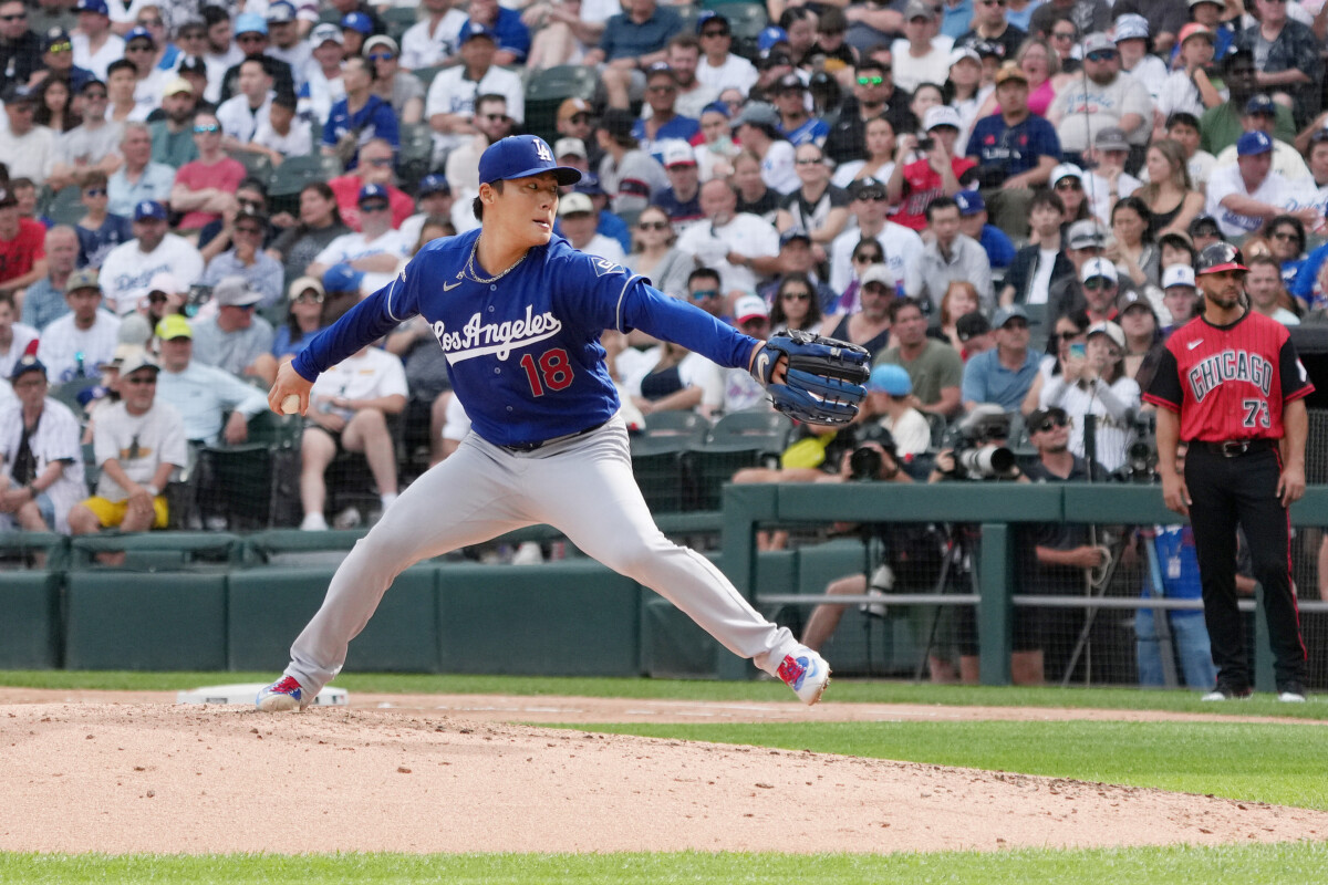 Jun 13, 2026; Chicago, Illinois, USA; Los Angeles Dodgers pitcher Yoshinobu Yamamoto (18) throws the ball against the Chicago White Sox during the fifth inning at Rate Field. Mandatory Credit: David Banks-Imagn Images