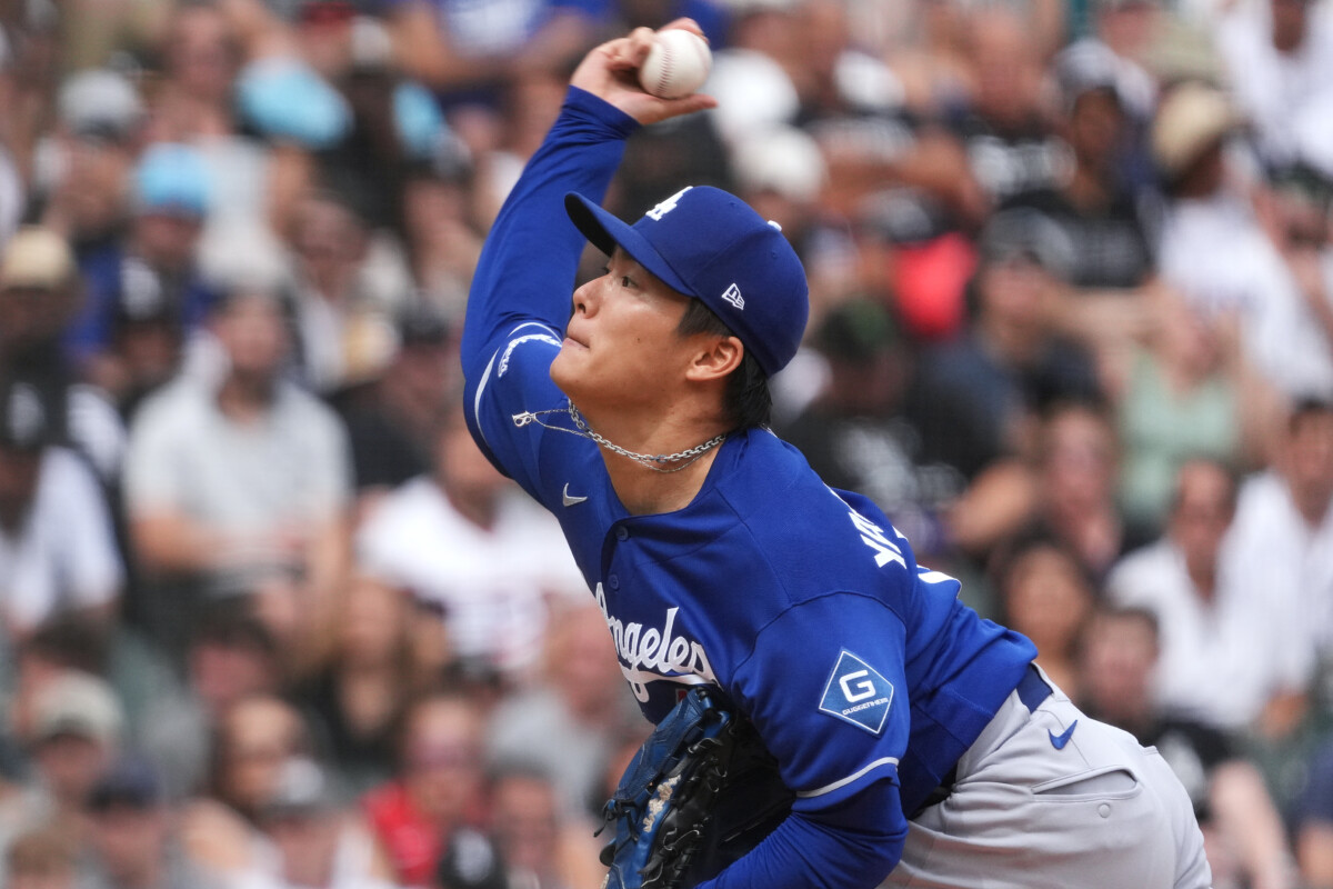 Jun 13, 2026; Chicago, Illinois, USA; Los Angeles Dodgers pitcher Yoshinobu Yamamoto (18) throws the ball against the Chicago White Sox during the first inning at Rate Field. Mandatory Credit: David Banks-Imagn Images