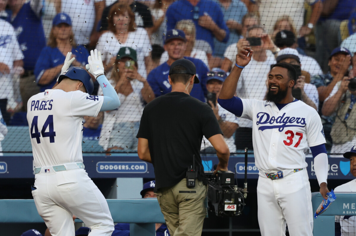 Jul 29, 2026; Los Angeles, California, USA; Los Angeles Dodgers center fielder Andy Pages (44) celebrates with left fielder Teoscar Hernandez (37) after hitting a home run during the first inning against the Seattle Mariners at Dodger Stadium. Mandatory Credit: Kiyoshi Mio-Imagn Images