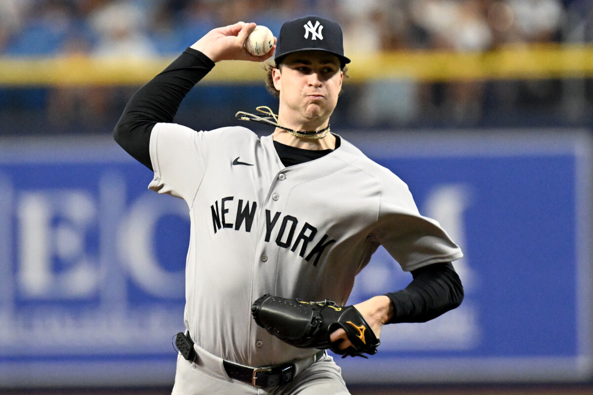 Jul 6, 2026; St. Petersburg, Florida, USA; New York Yankees starting pitcher Cam Schlittler (31) throws a pitch in the first inning against the Tampa Bay Rays at Tropicana Field. Mandatory Credit: Jonathan Dyer-Imagn Images