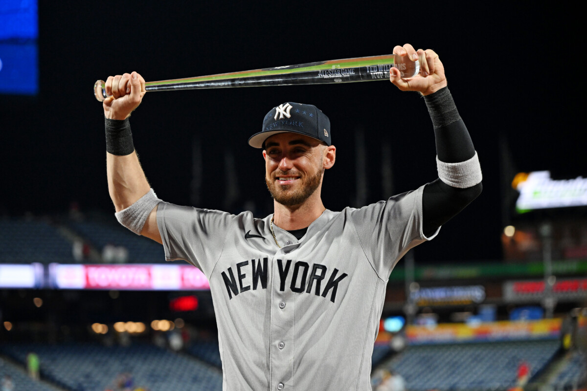 Jul 14, 2026; Philadelphia, Pennsylvania, USA; New York Yankees center fielder Cody Bellinger (35) celebrates after winning the Ted Williams Most Valuable Player Award after the All-Star Game at Citizens Bank Park. Mandatory Credit: Eric Hartline-Imagn Images