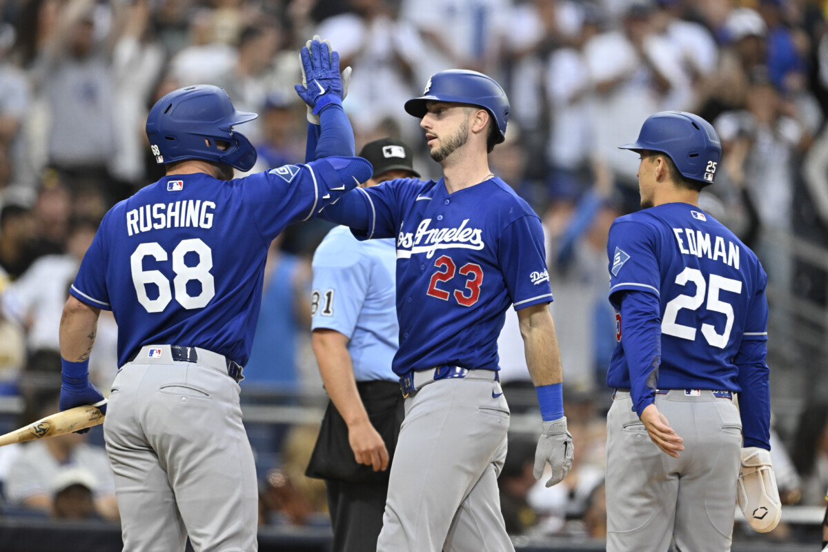 Jun 27, 2026; San Diego, California, USA; Los Angeles Dodgers right fielder Kyle Tucker (23) is congratulated by catcher Dalton Rushing (68) and second baseman Tommy Edman (25) after hitting a two-run home run during the sixth inning against the San Diego Padres at Petco Park. Mandatory Credit: Denis Poroy-Imagn Images
