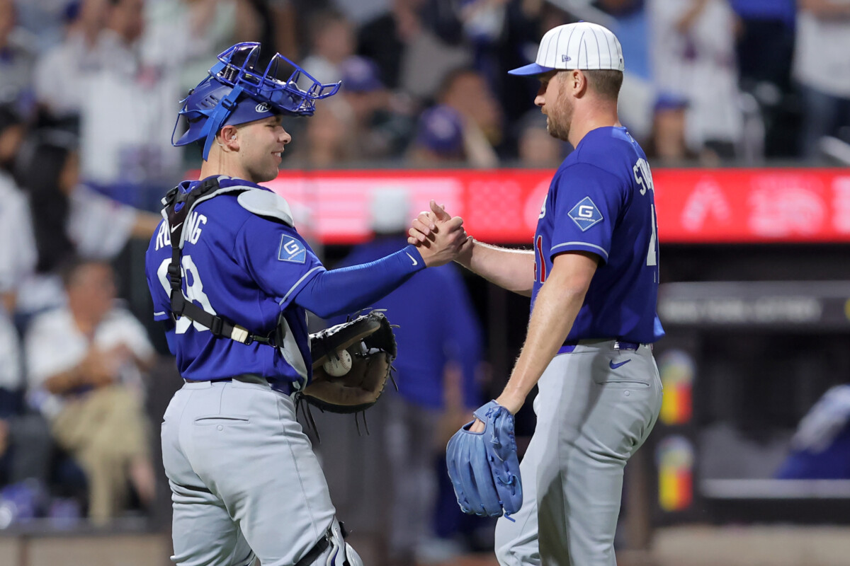 Jul 25, 2026; New York City, New York, USA; Los Angeles Dodgers catcher Dalton Rushing (68) and relief pitcher Brock Stewart (41) celebrate after defeating the New York Mets at Citi Field. Mandatory Credit: Brad Penner-Imagn Images