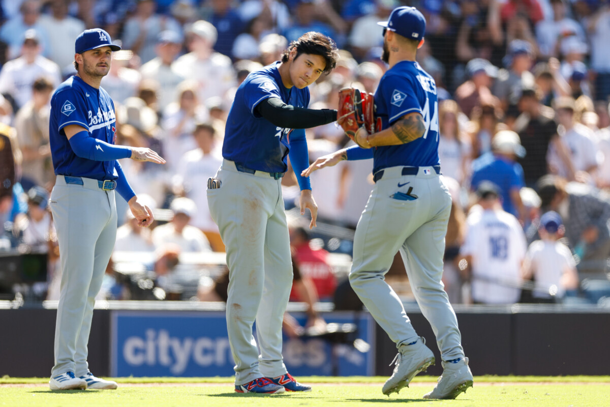 Jun 28, 2026; San Diego, California, USA; Los Angeles Dodgers designated hitter Shohei Ohtani (17) celebrates with center fielder Andy Pages (44) after defeating the San Diego Padres at Petco Park. Mandatory Credit: David Frerker-Imagn Images