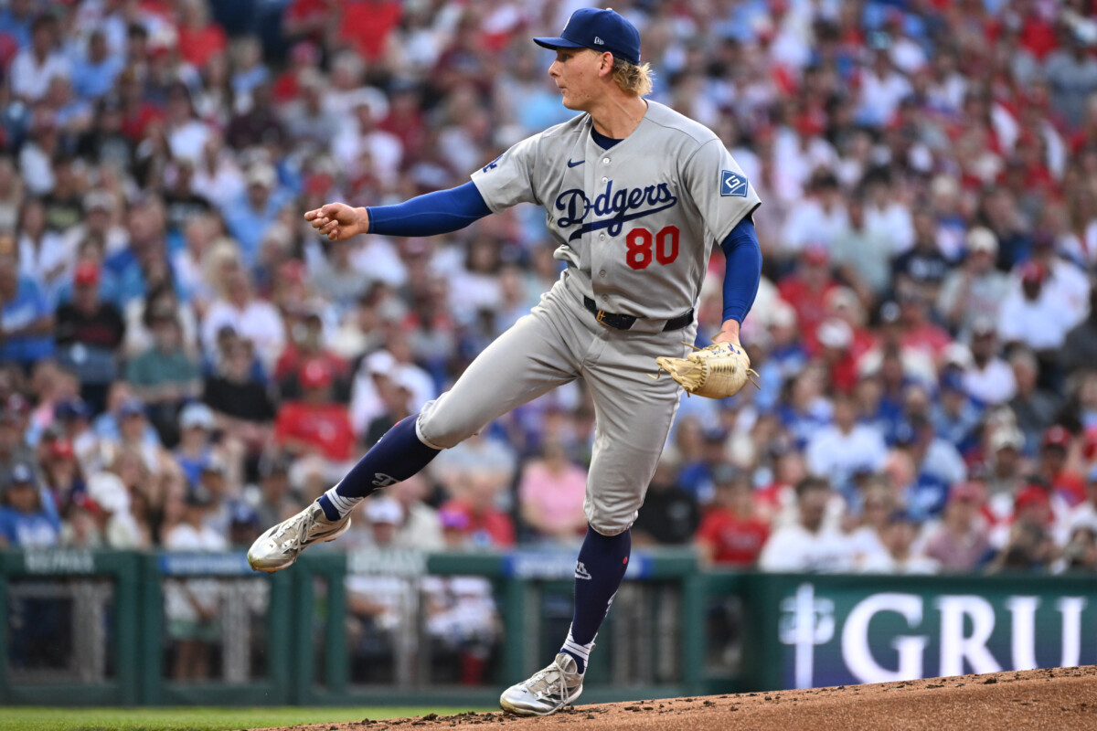 Jul 20, 2026; Philadelphia, Pennsylvania, USA; Los Angeles Dodgers pitcher Emmet Sheehan (80) throws a pitch during the first inning against the Philadelphia Phillies at Citizens Bank Park. Mandatory Credit: Eric Hartline-Imagn Images