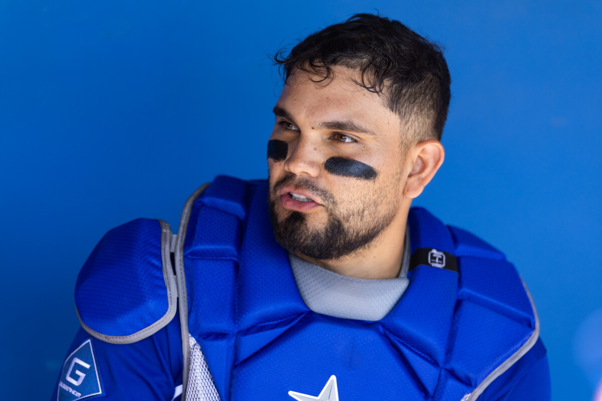 Mar 10, 2026; Phoenix, Arizona, USA; Los Angeles Dodgers catcher Eliezer Alfonzo against the Arizona Diamondbacks during a spring training game at Camelback Ranch-Glendale. Mandatory Credit: Mark J. Rebilas-Imagn Images