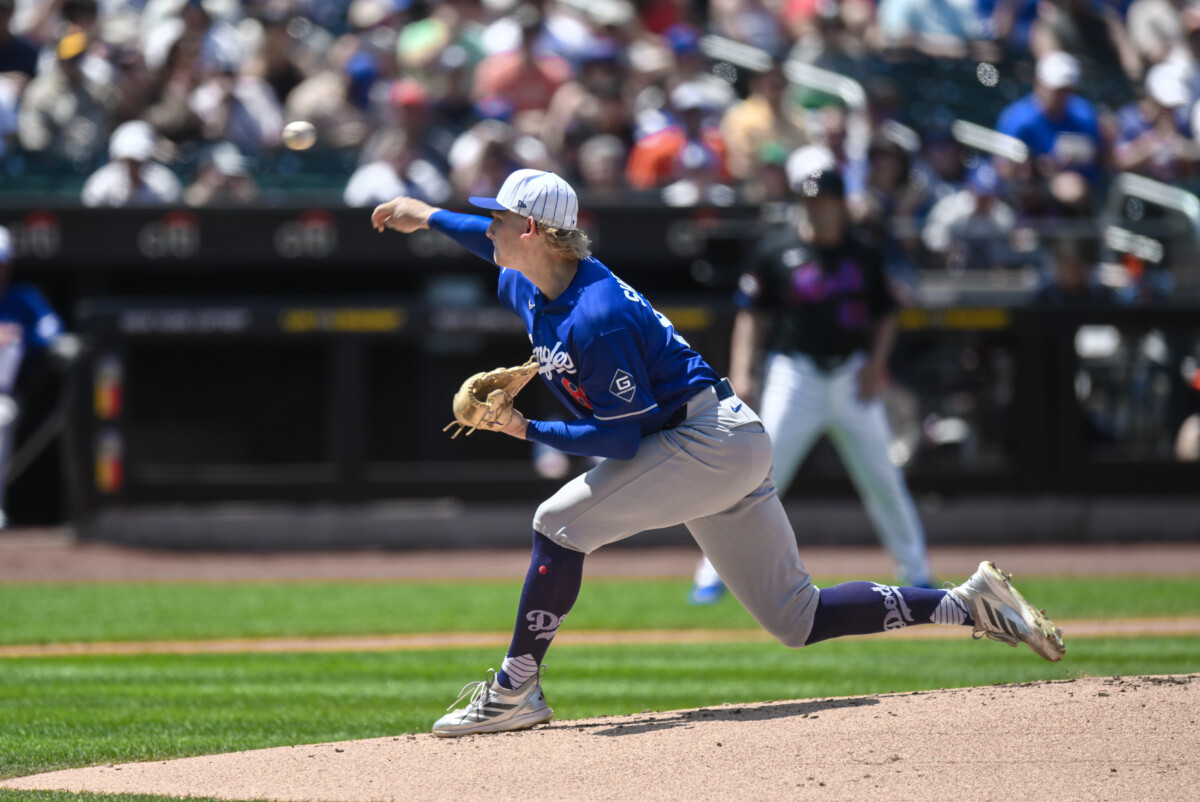 Jul 26, 2026; New York City, New York, USA; Los Angeles Dodgers pitcher Emmet Sheehan (80) pitches against the New York Mets during the first inning at Citi Field. Mandatory Credit: John Jones-Imagn Images