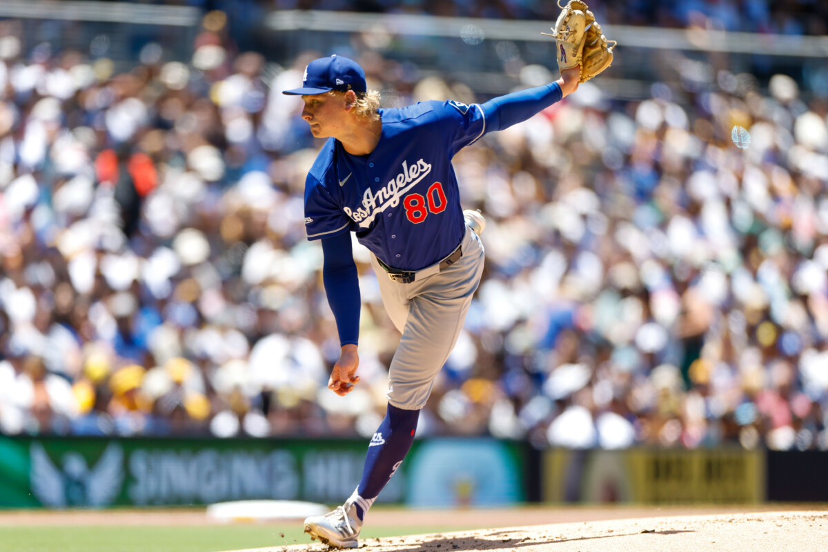 Jun 28, 2026; San Diego, California, USA; Los Angeles Dodgers starting pitcher Emmet Sheehan (80) throws a pitch during the first inning against the San Diego Padres at Petco Park. Mandatory Credit: David Frerker-Imagn Images