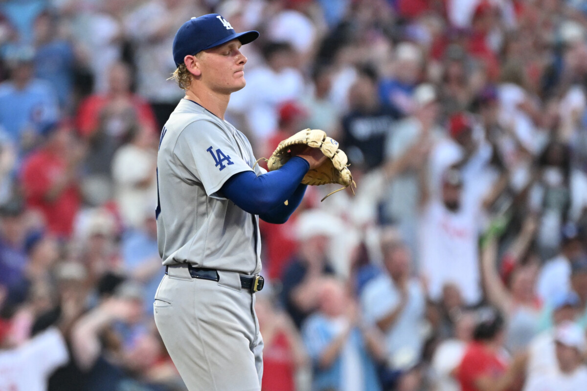 Jul 20, 2026; Philadelphia, Pennsylvania, USA; Los Angeles Dodgers pitcher Emmet Sheehan (80) reacts after after allowing a home run during the second inning against the Philadelphia Phillies at Citizens Bank Park. Mandatory Credit: Eric Hartline-Imagn Images
