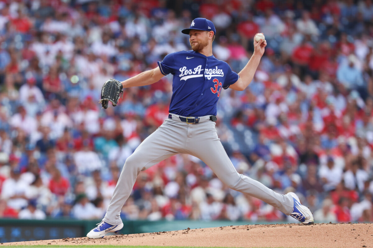 Jul 22, 2026; Philadelphia, Pennsylvania, USA; Los Angeles Dodgers pitcher Eric Lauer (33) throws a pitch against the Philadelphia Phillies during the first inning at Citizens Bank Park. Mandatory Credit: Bill Streicher-Imagn Images