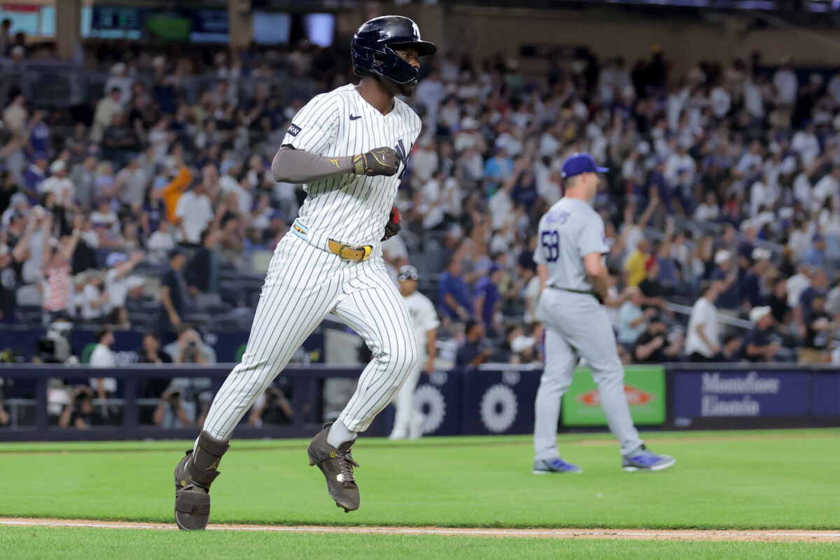 Jul 19, 2026; Bronx, New York, USA; New York Yankees second baseman Jazz Chisholm Jr. (13) rounds the bases after hitting a solo home run against Los Angeles Dodgers relief pitcher Evan Phillips (59) during the eighth inning at Yankee Stadium. Mandatory Credit: Brad Penner-Imagn Images