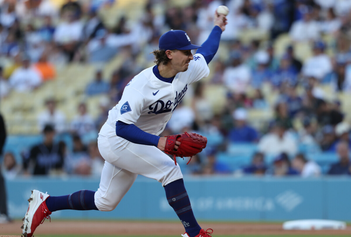 Jul 7, 2026; Los Angeles, California, USA; Los Angeles Dodgers pitcher Justin Wrobleski (70) throws during the first inning against the Colorado Rockies at Dodger Stadium. Mandatory Credit: Kiyoshi Mio-Imagn Images